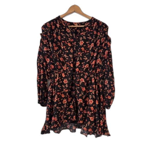 Free People Flower Fields Mini Dress Floral Black Red Boho XS Oversized - Picture 4 of 11